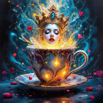 The primary subject of the image is a woman, who is depicted as a beautiful, young queen. She is sitting in a cup, which is filled with a brightly colored liquid. The setting is a dark, blue background, which adds to the overall mood of the image. The visual style is a combination of digital art and illustration, creating a surreal and whimsical scene. The colors and mood of the image are vibrant and lively, with the woman's crown and the cup's contents adding